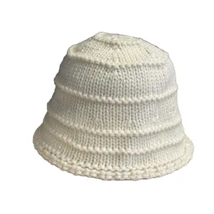 Women vintage knitted bucket hat winter warm casual solid color chic woolen hat daily