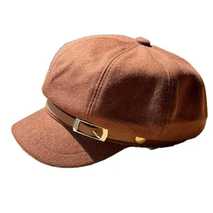 Brown woolen newsboy cap for women, vintage retro bakerboy hat with decorative buckle.