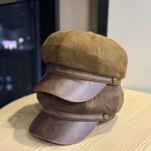 Ρετρό καπέλο newsboy από σουέτ για γυναίκες, φθινόπωρο χειμώνας δερμάτινο γείσο οκτάγωνο.
