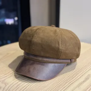 Καπέλο newsboy από καφέ σουέτ για γυναίκες, κομψό οκτάγωνο καπέλο με γείσο.