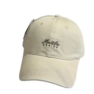 Korean style washed distressed soft top baseball cap with letter embroidery for spring summer.