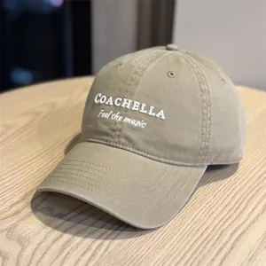 Casual beige cotton baseball cap with 3D white embroidery lettering for outdoor daily wear.