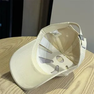 Beige baseball cap for women, wide brim sun hat, soft top casual hat with metal buckle.