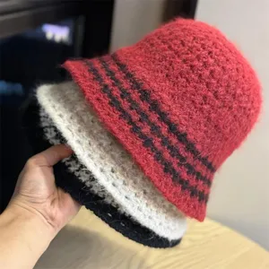 Cappello a Secchiello in Maglia a Righe da Donna Morbido Caldo Berretto da Pescatore in Maglia Pieghevole Moda Autunno Inverno