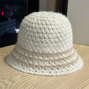 Cappello a secchiello in maglia a righe stile coreano da donna, berretto autunnale.