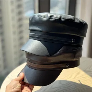 PU Leder Gavroche Mütze Retro Marine Kappe stilvolle Damen Schirmmütze Detailanzeige.