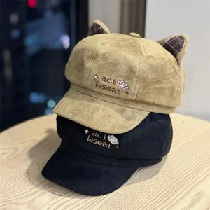 Cute cat ear suede beret hat for women, vintage octagonal painter cap with chic embroidery.