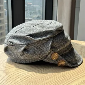Grey woolen newsboy hat for women, retro octagonal beret with stylish pleated design.