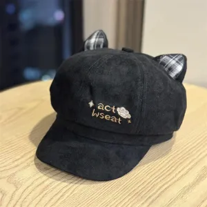 Black cat ear beret hat for women, cute embroidered octagonal cap with wide brim.