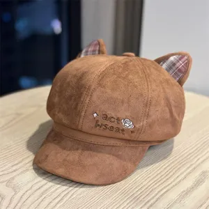 Brown suede cat ear beret hat stylish embroidered newsboy cap cute autumn women fashion hat