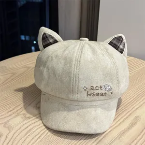 Cute cat ear beret hat for women, soft suede octagonal painter cap with sweet embroidery.