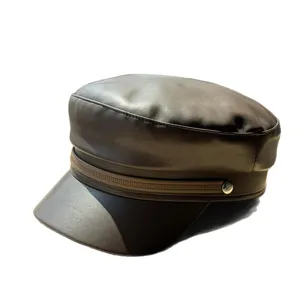 Vintage PU Leder Kapitän Mütze Damen Newsboy Barett Retro Militär Hut Mode Stil