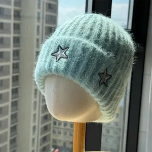 Fluffy knit star embroidered beanie winter warm hat for men and women stylish casual headwear.