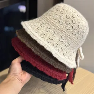 Cappello a Secchiello Lavorato a Maglia Casual da Donna Tinta Unita Carino Fiocco Caldo Inverno Cappello da Pescatore