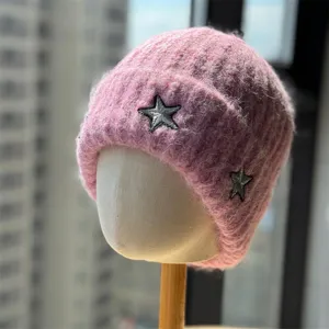 Pink Knit Beanie Hat Star Embroidered Warm Winter Slouchy Soft Fashion Wool Headwear