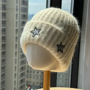 Unisex Winter Warm Knit Beanie Hat Korean Style Star Embroidery Soft Stretchy Casual Cuff Skull Cap For Men Women