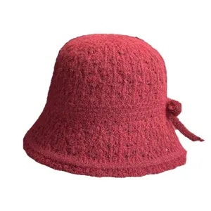 Cappello da pescatore in maglia da donna invernale caldo in lana con grazioso fiocco