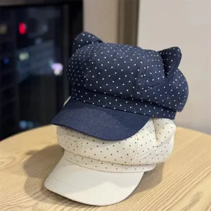 Cute cat ear polka dot beret hat for women, sweet winter autumn newsboy painter hat detail.