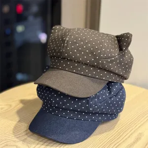Women Sweet Cute Cat Ear Beret Hat Polka Dot Octagonal Painter Cap Autumn Winter Warm Casual Headwear