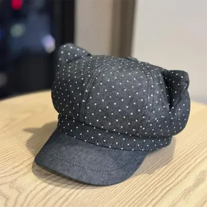 Cute polka dot cat ear denim beret hat detail, sweet autumn winter octagonal painter hat.