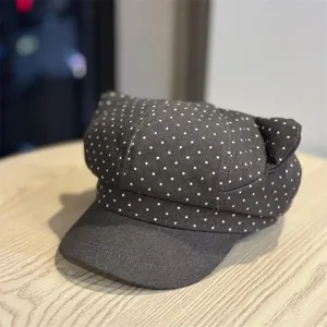 Women's cute cat ear newsboy cap with white polka dots, stylish autumn winter beret hat.