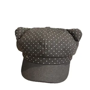 Women's cute cat ear beret hat with white polka dots, sweet autumn winter octagonal painter cap.