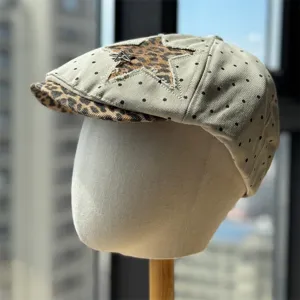 Women stylish newsboy cap retro leopard star patch polka dot beret autumn spring hat