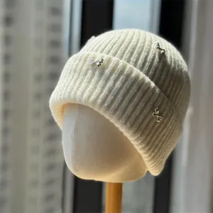 Women winter warm knit beanie hat with cute silver bow, thick soft cozy pullover cold hat.