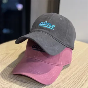 Soft top baseball cap with embroidered letter aime, wide brim, casual style for couples.