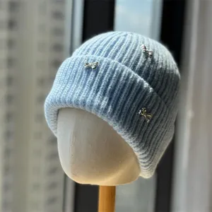 Light blue knit beanie hat for women, autumn winter warm pullover cap with cute silver bows.