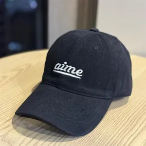 Black cotton baseball cap with white aime embroidery letter, soft top casual couple hat.