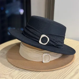 Vintage British style flat top felt hat with elegant rhinestone buckle and stylish ribbon.