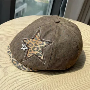 Women vintage newsboy cap brown leopard star beret retro duckbill hat stylish streetwear