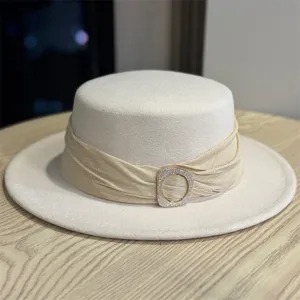 Vintage elegant wool flat top hat with ribbon and rhinestone buckle for women fashion detail