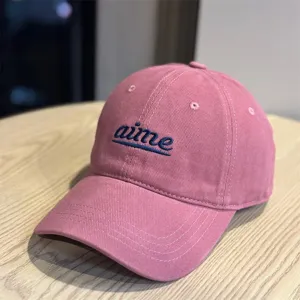 Classic pink baseball cap with blue embroidery, wide brim soft top casual couple hat daily