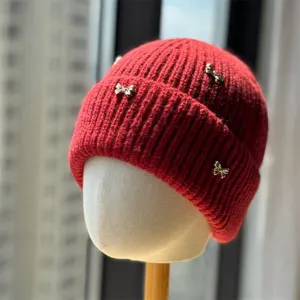Women Winter Warm Knit Beanie Hat With Metal Bow Stylish Solid Color Outdoor Windproof Pullover Hat