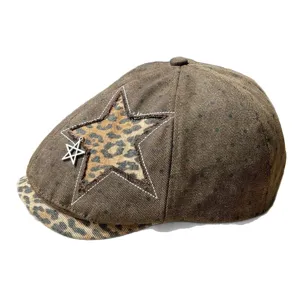 Women vintage brown leopard star newsboy cap stylish autumn beret duck tongue hat.