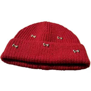 Women red knit beanie hat with cute metallic bows winter warm casual pullover ski cap