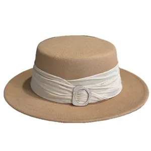 Elegant flat top wool felt hat with draped ribbon and sparkling rhinestone buckle for women.