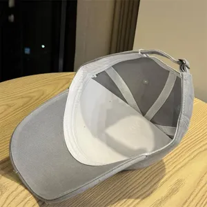 Grey baseball cap detail showing inner lining, structured seams and adjustable metal buckle.