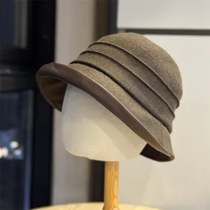 Women Foldable Bucket Hat Casual Pleated Winter Warm Sun Hat Leather Trim Solid Color Fisherman Hat