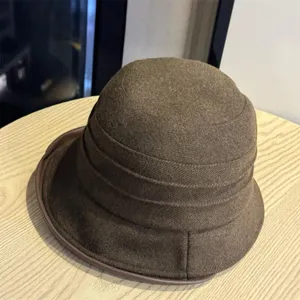 brown wool bucket hat casual foldable travel sun protection fashion women basin hat detail