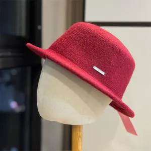 Chic red wool bucket hat for women, elegant autumn winter French style cloche hat with metal tag