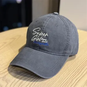 Classic dark grey washed baseball cap with inspiring front letter embroidery and curved brim.