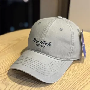 Classic grey baseball cap with New York EST 1987 embroidery, wide brim sun protection hat.