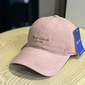 Pink embroidered baseball cap with New York letter design, wide brim sun protection hat daily.
