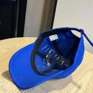 Blue baseball cap inner view, casual soft top hat with internal support for daily wear.