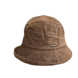 Sombrero de pescador de ante marrón para mujer, gorro retro otoño invierno cálido.