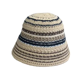 Sombrero de pescador de punto a rayas con bloques de color para mujer, gorra casual.