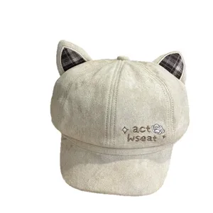 Cute cat ear octagonal hat women stylish suede beret painter cap with embroidery design